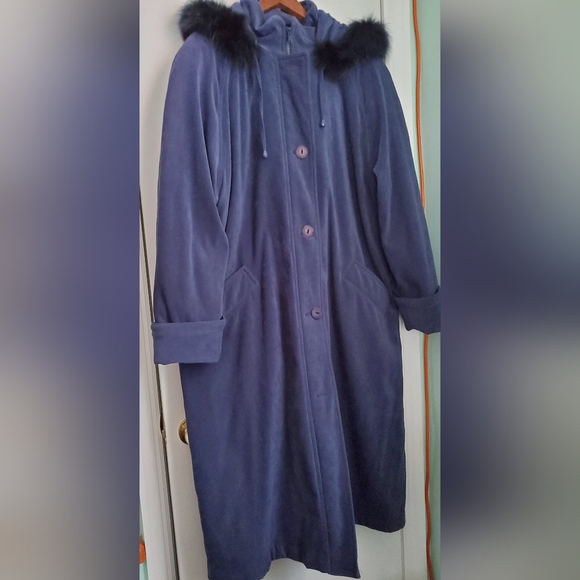 Nuage Women's Blue Long Hooded Coat with Fox Fur Trim - Picture 1 of 9